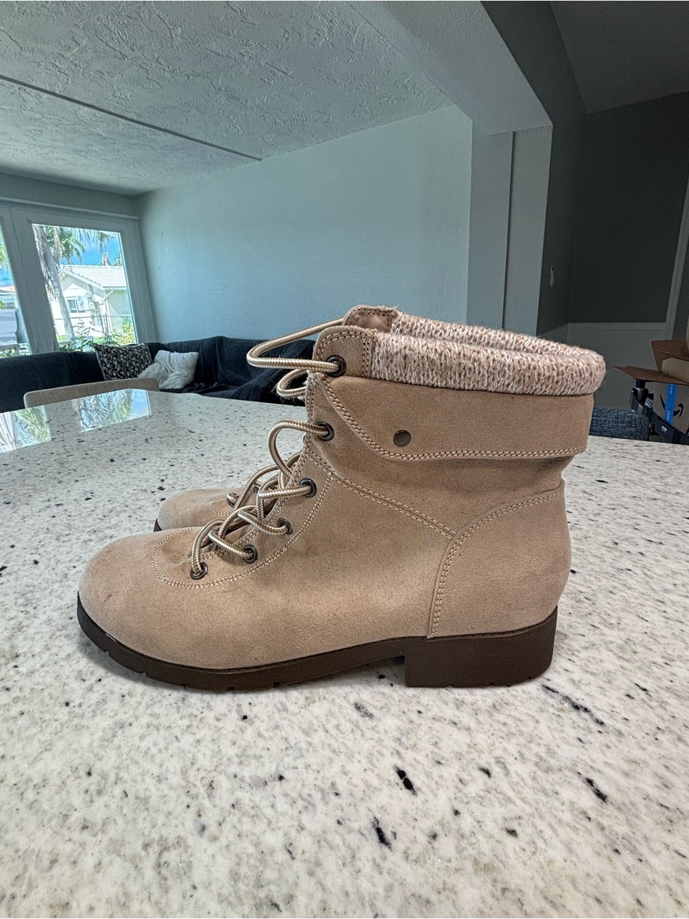 St. John's Bay Taupe Suede Lace-Up Knit Cuff Ankle Boots